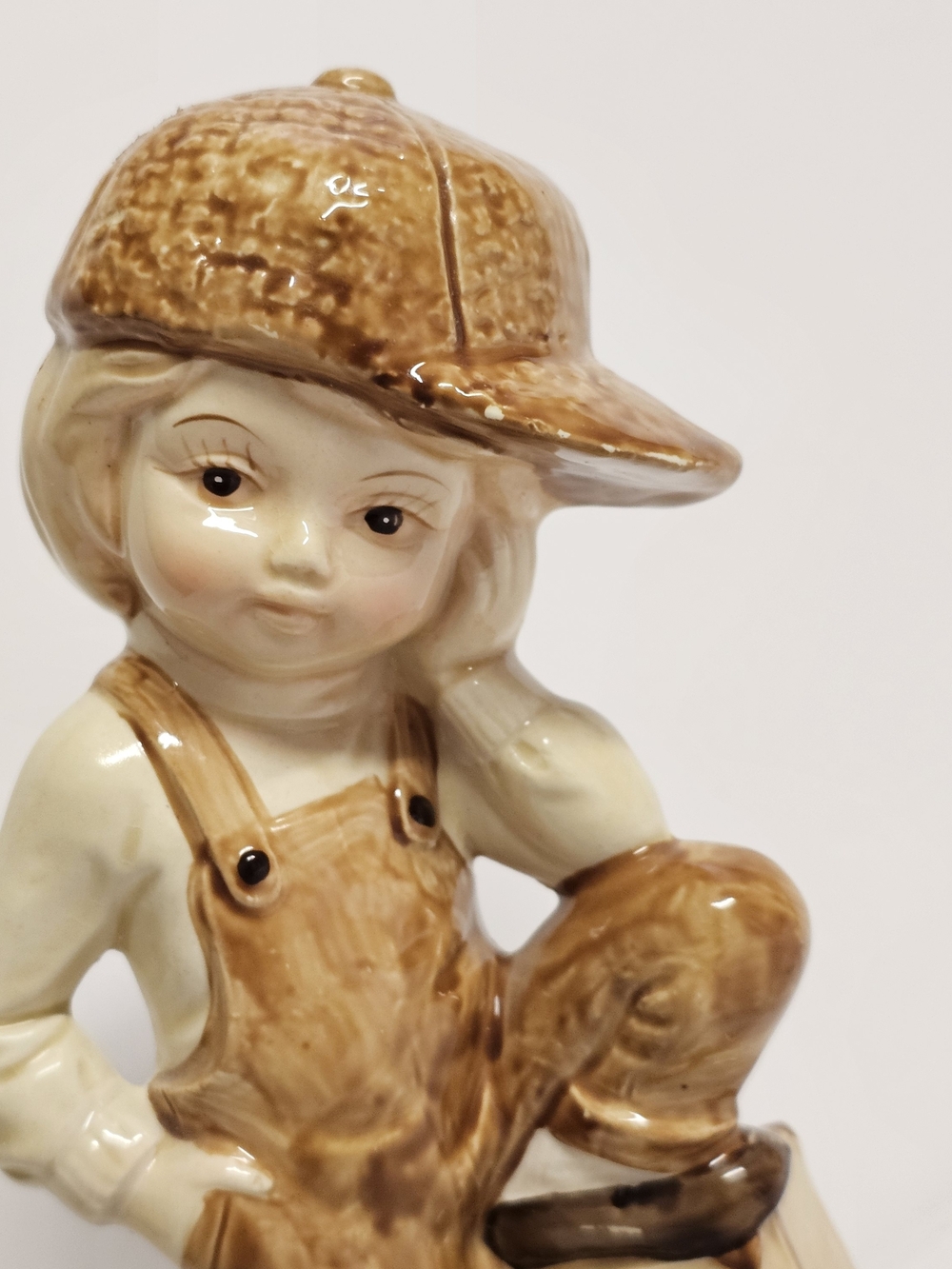 Vintage 7" Ceramic Boy Figurine Overalls Hat Rustic Decor